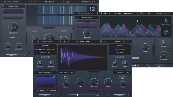 Three modulation and spatial effects — advanced chorus, multi-mode phaser, and dual-stage reverb for layered textures and stereo shaping.