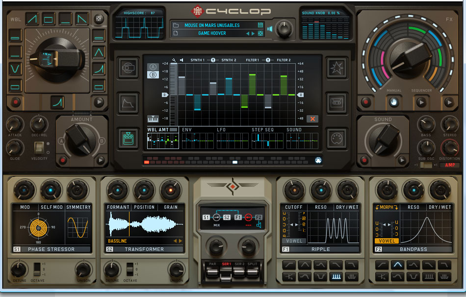 Monophonic bass synth with tempo‑synced wobble, pattern FX sequencing and extensive modulation controls.