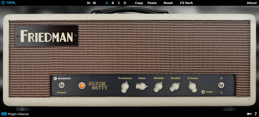 Accurate Buxom Betty amp emulation delivering vintage-clean to snarling overdrive with FX rack and 100 recorded cabinet/mic chains.