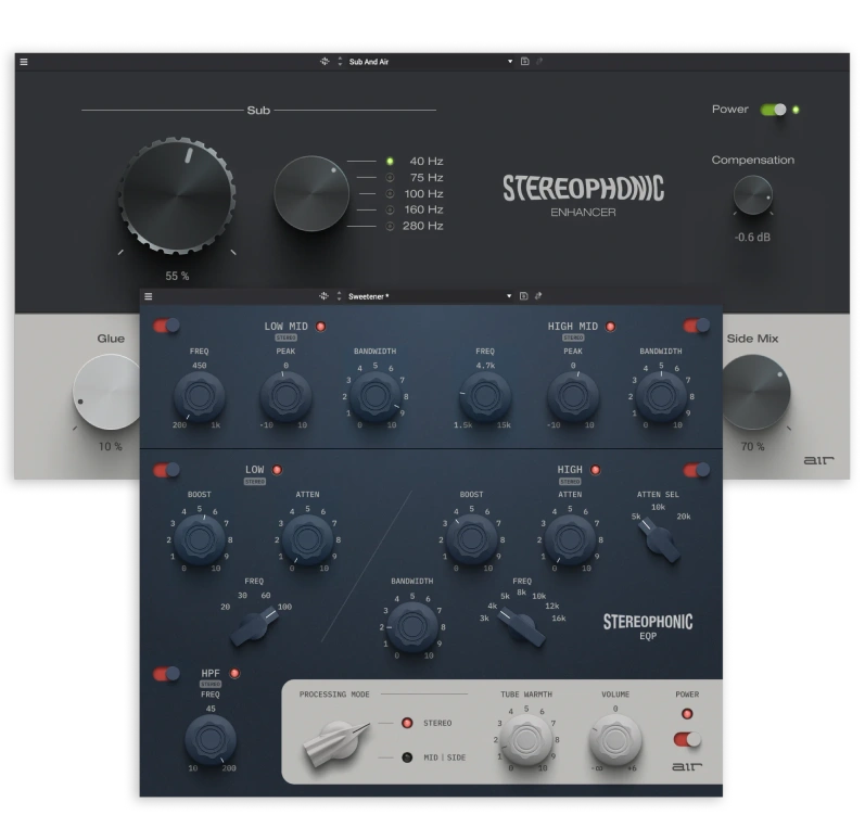 Two complementary stereo processors for tonal shaping, mid/side control, and mastering-style width and glue.