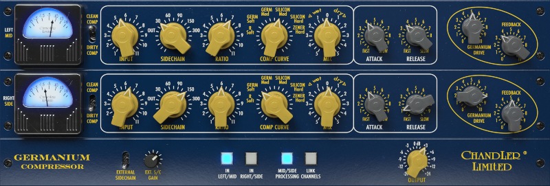 Accurate emulation of Chandler Limited’s Germanium Compressor with selectable saturation, diode curves, and M/S plus sidechain features.