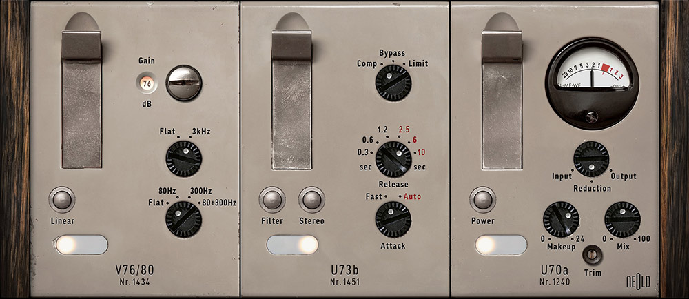 Faithful V76 preamp and U73 compressor emulation with modern DAW conveniences and gain compensation.