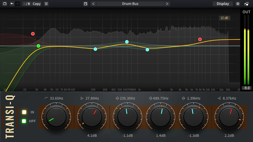 Transient-preserving EQ with proportional-Q bells and shelving filters for focused shaping without dulling attacks.