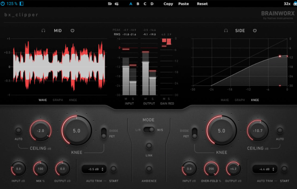 A mastering clipper for loud, controlled masters with FET/Diode modes, Auto Ceiling/Trim and M/S processing.