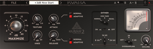 Transparent limiter and loudness maximizer with adaptive attack/release, texture control, dithering, and oversampling.