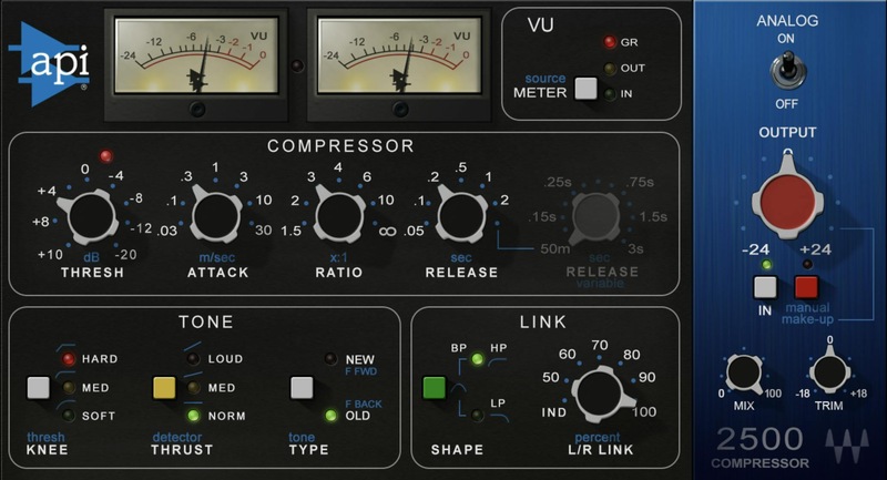 API 2500 emulation for punchy, gluey bus and drum compression with selectable topology and parallel mix control.