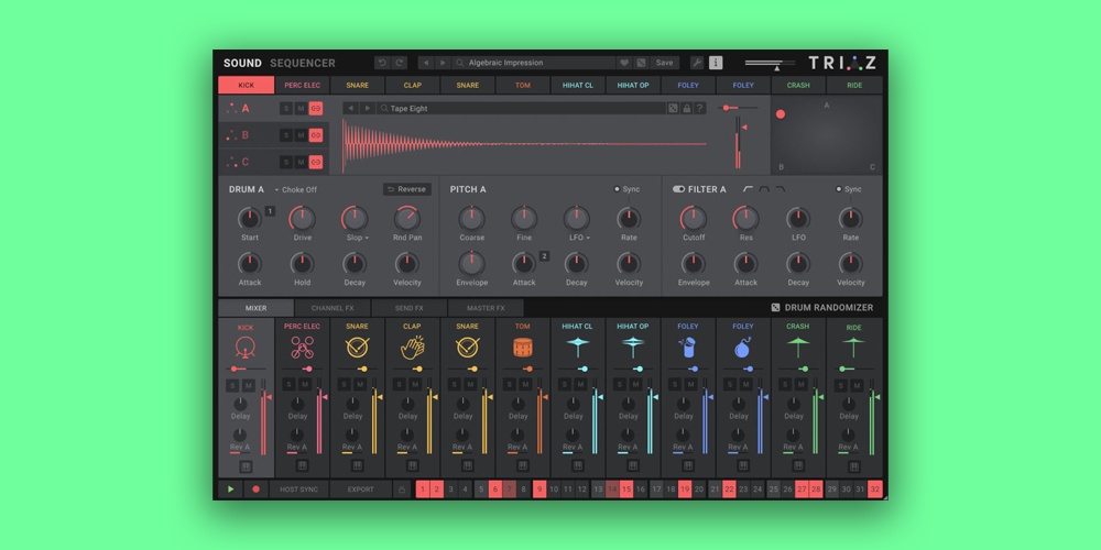 A drum engine combining layered sample stacking, polyrhythmic sequencing and per-step modulation.