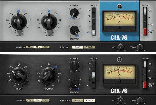 FET-style compressor modeled on Chris Lord‑Alge’s 'Bluey' and 'Blacky' for tight, punchy dynamics.