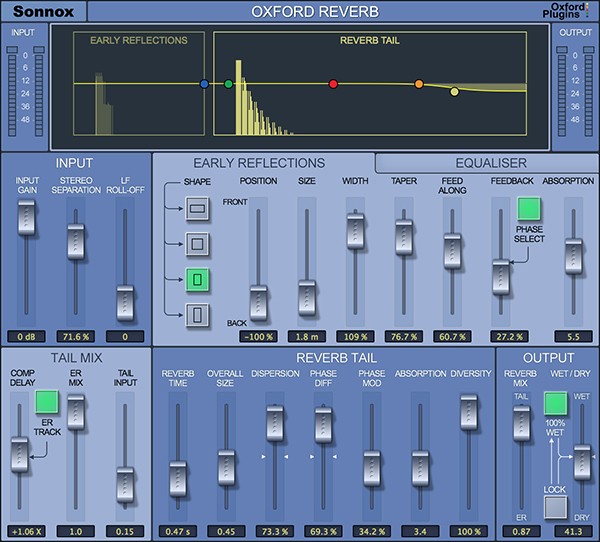 Flexible algorithmic reverb with separate early-reflection and tail control, integrated EQ, and advanced spatial controls.