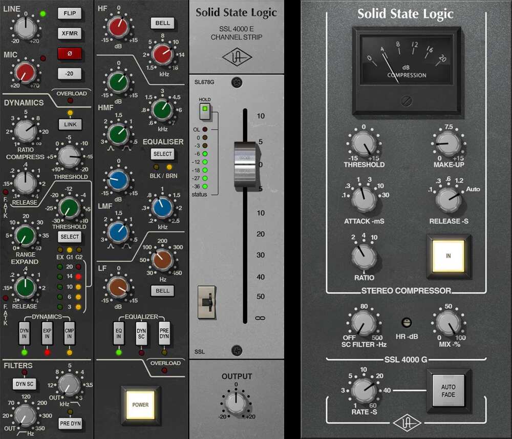 Circuit-accurate SSL E channel strip plus G bus compressor emulations for tracking and mix bus glue.