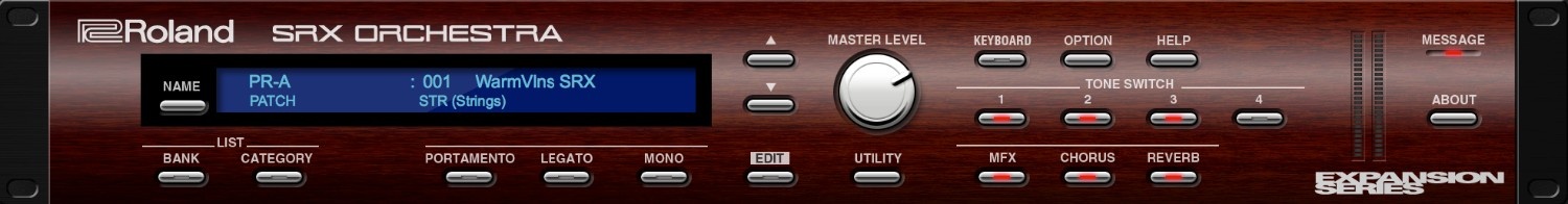 Authentic SRX and SR-JV80 orchestral sounds with DCB modeling, editable patches, and built-in effects.