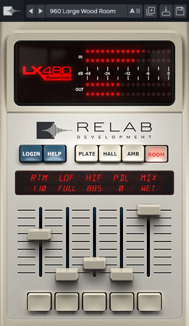 Four classic 480L reverb algorithms with simple controls and built‑in hi/lo filtering.