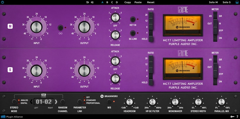 Accurate emulation of the MC77 FET limiter with modern M/S, sidechain filtering, mix and TMT modeling.
