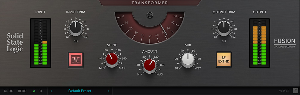 Modelled transformer saturation and HF sheen with mix, amount, shine and LF‑extend controls.