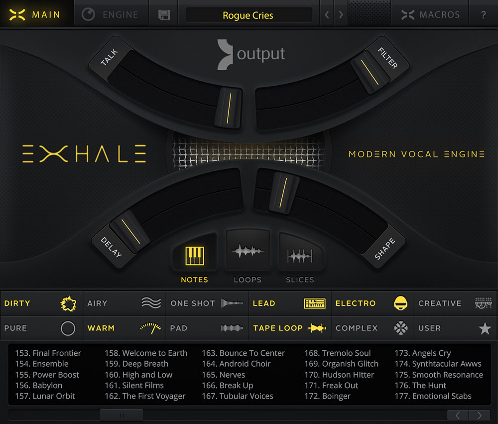 Playable vocal engine with chromatic, loop and sliced modes plus editable macros and tempo‑synced effects.