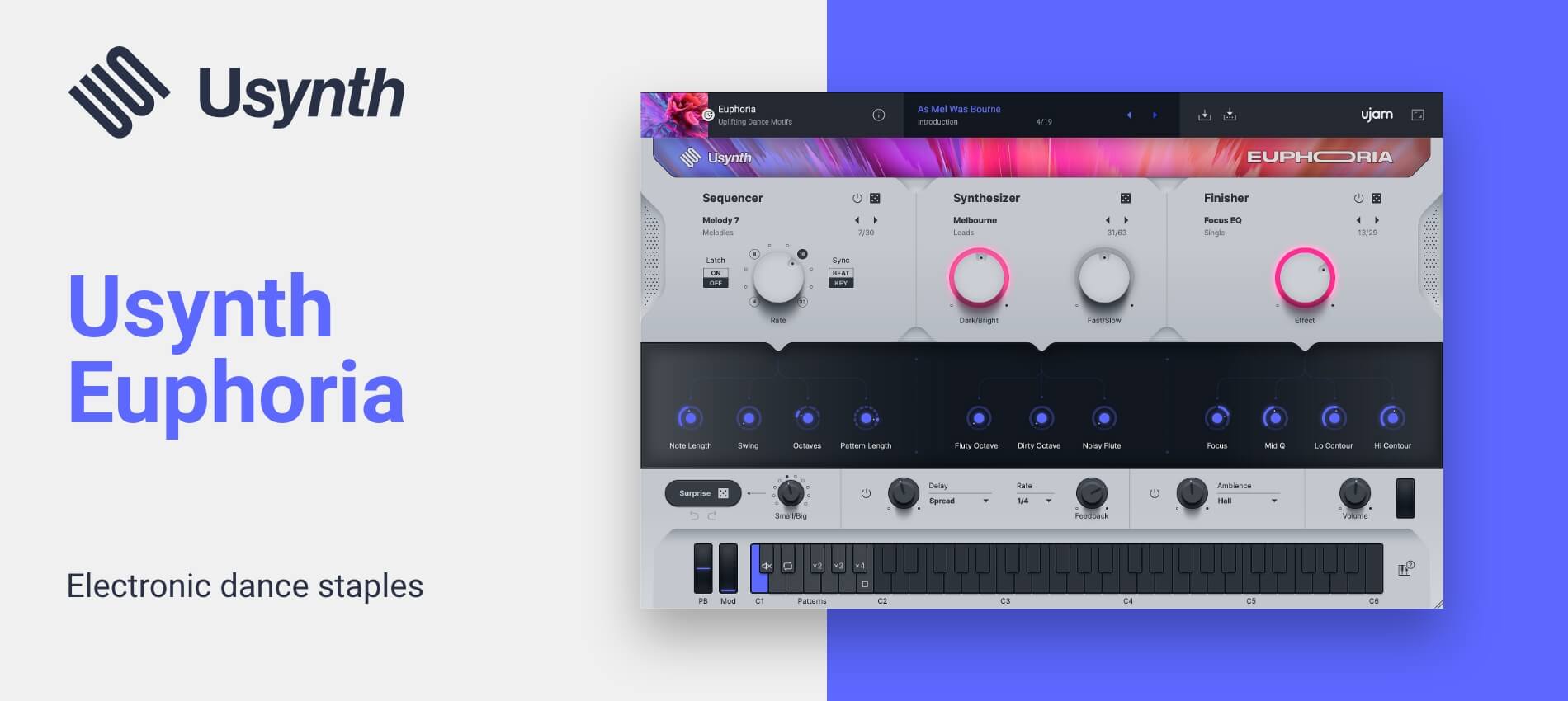 Preset-focused synth for modern EDM leads and melodic electronic textures, managed via the UJAM App.