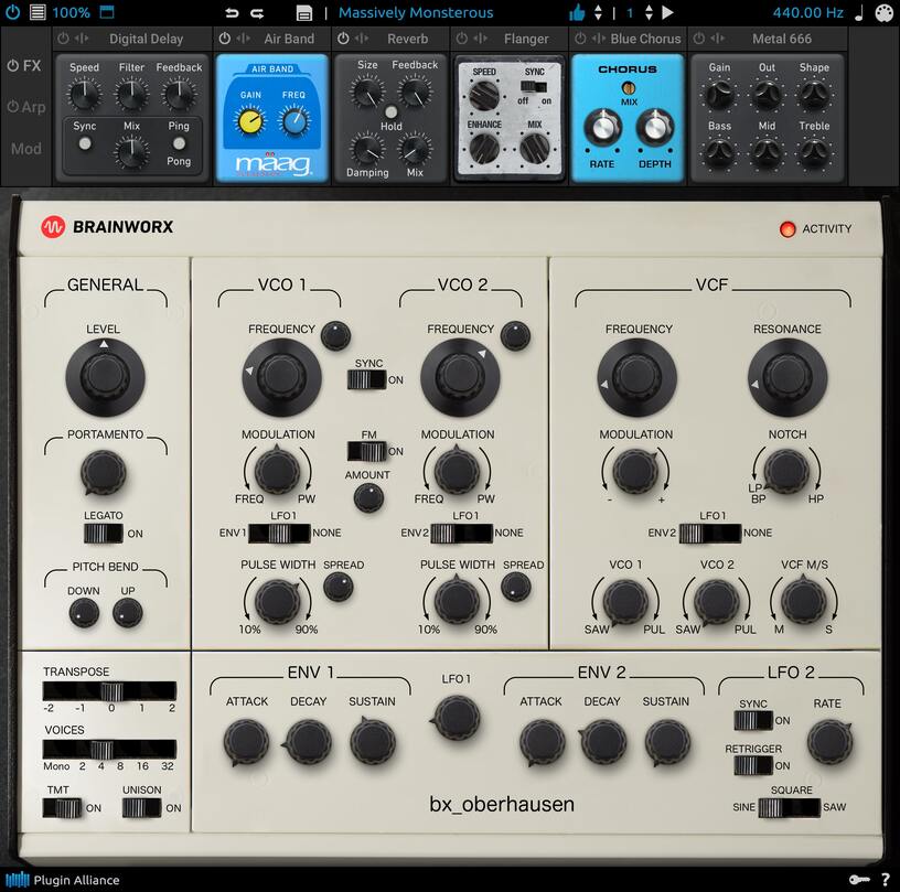 Analog-modelled virtual synth with 32-voice polyphony, TMT, unison, M/S filter routing and integrated effects.