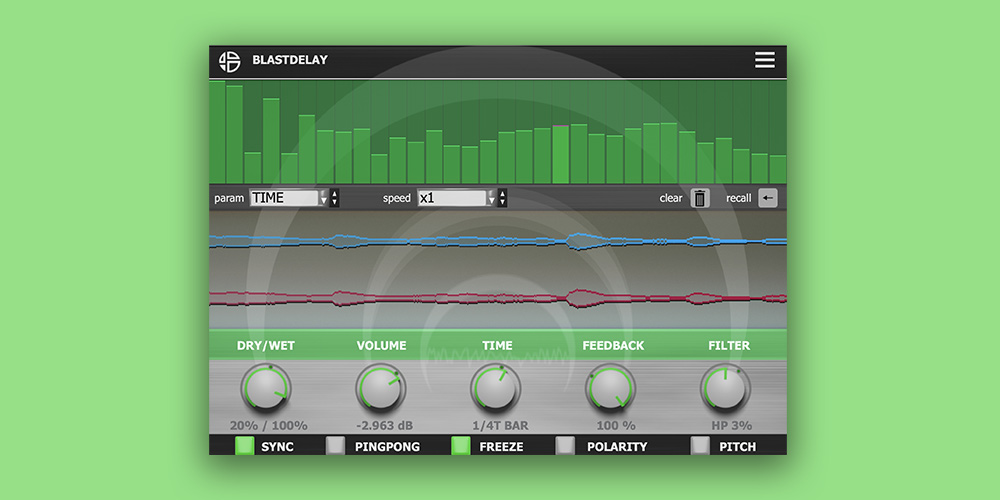 Tempo‑synced stereo delay with per‑parameter sequencer, ping‑pong, freeze and tape‑style pitch behavior.