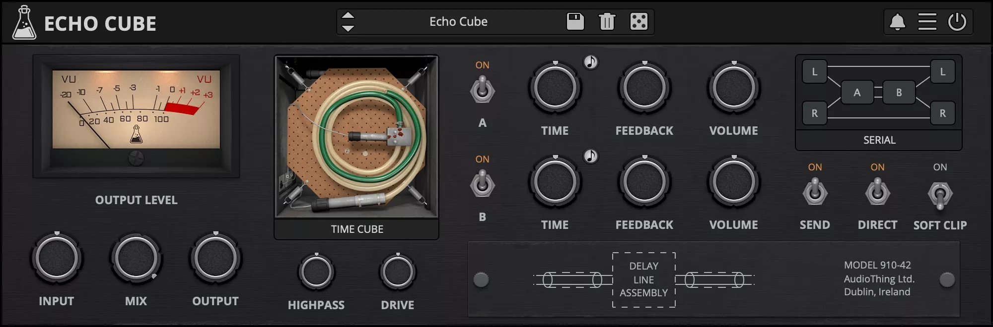 Dual short-delay emulation inspired by the Cooper Time Cube, for doubling, width and acoustic-style echoes.