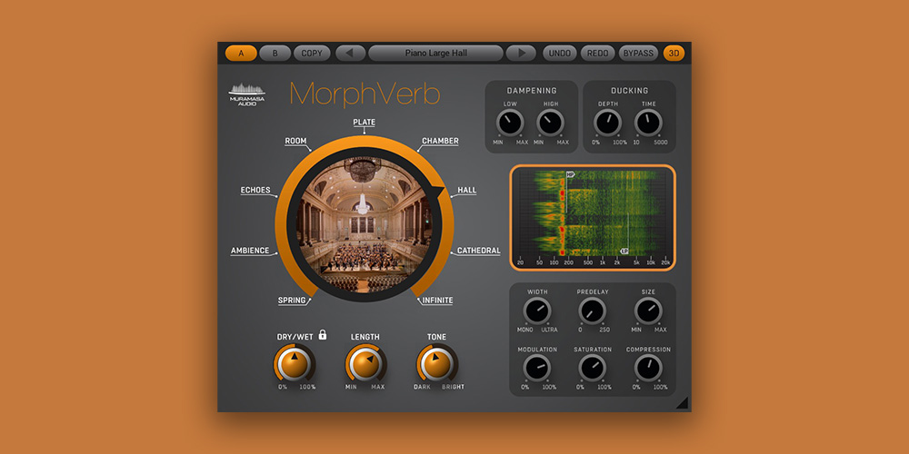Blend and sculpt multiple reverb algorithms with spectral filtering, ducking and per-algorithm tone controls.