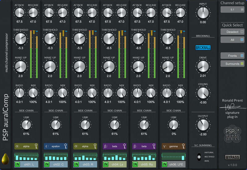 Multi-channel compressor and limiter for surround/immersive mixes, up to 7.1.4, with grouping and side-chain routing.