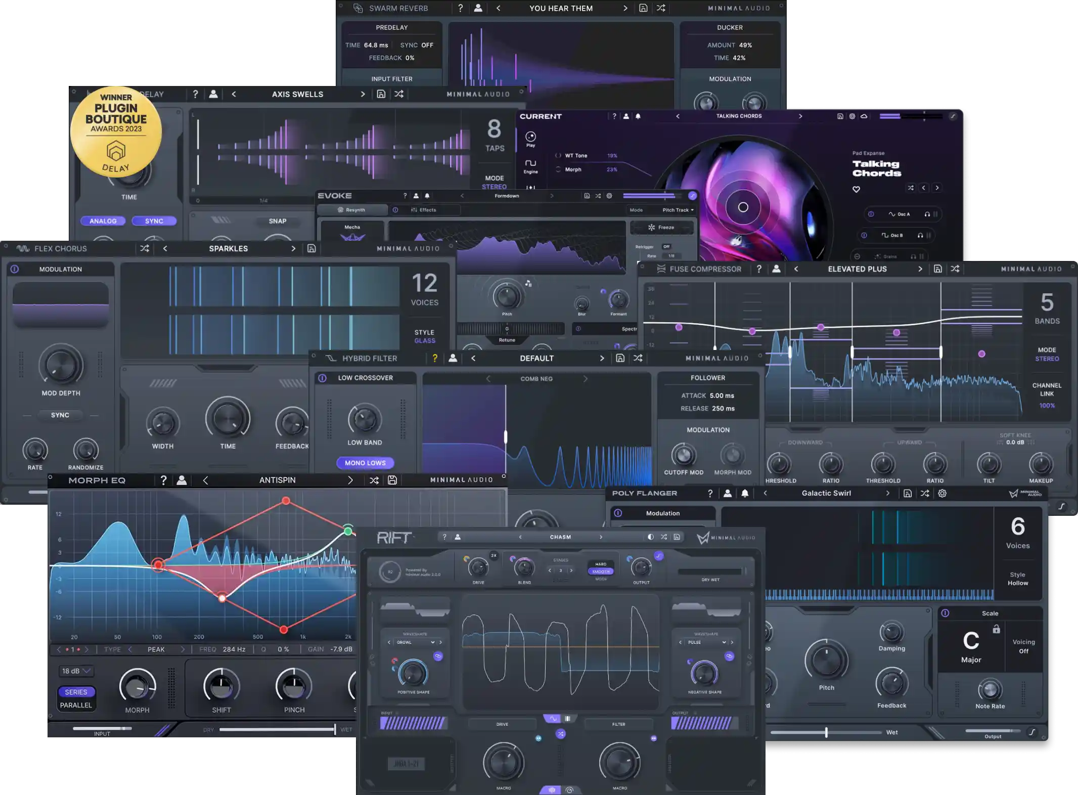 Eleven synths and effects for tempo‑aware delays, modulations, vocal resynthesis, multiband distortion, and detailed tonal shaping.