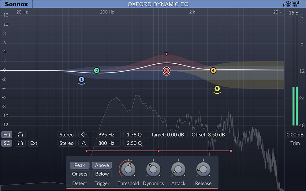 Five-band dynamic EQ with transient onset detection and mid/side processing for focused, musical frequency control.