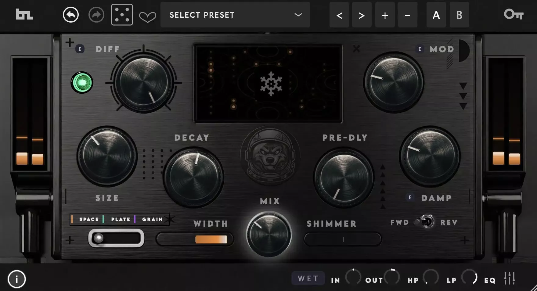 Three distinct reverb engines — massive hall, classic plate, and granular shimmer — with freeze and pitch-shift controls.