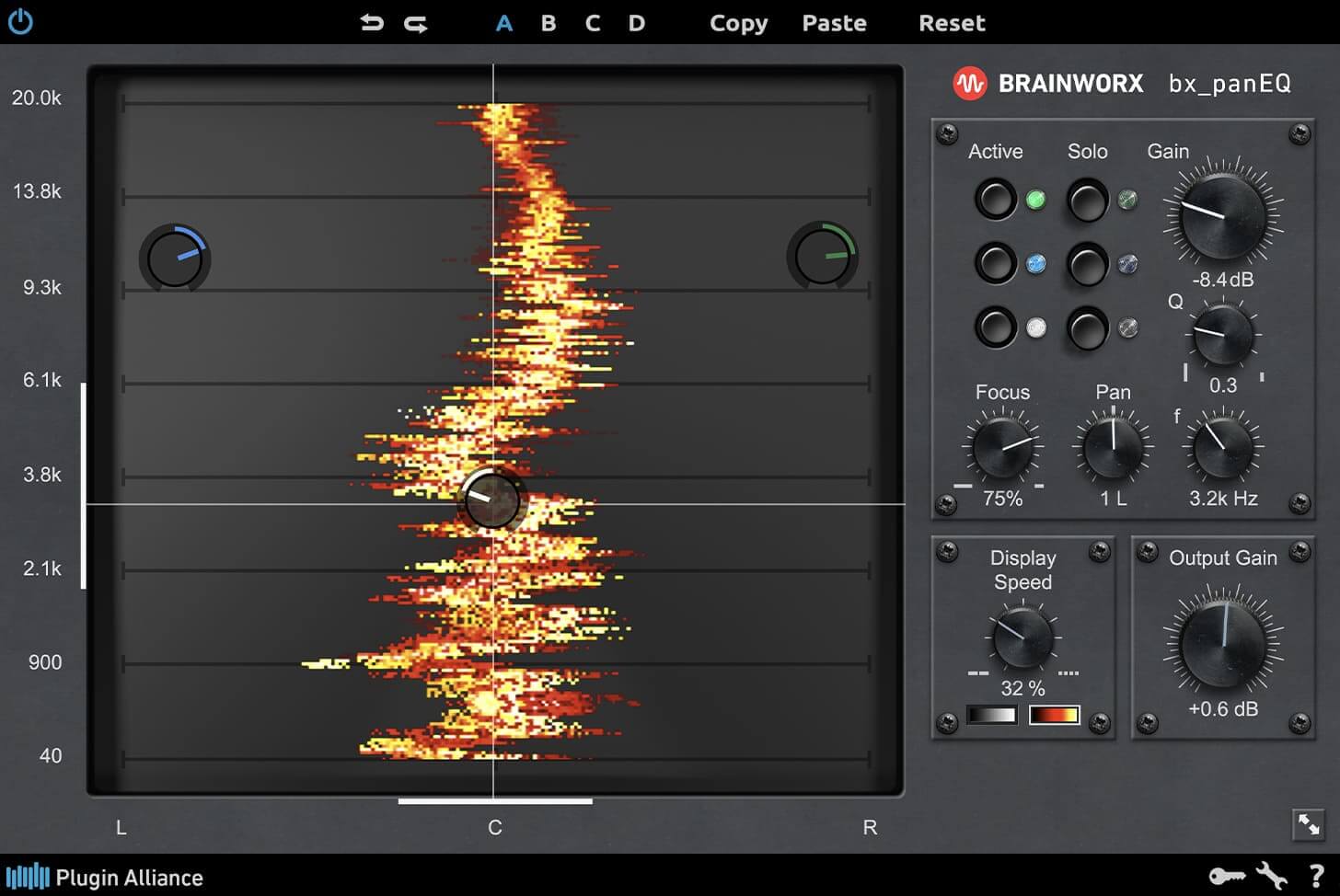 Parametric stereo EQ that positions and sculpts bands across the panorama with a visual spectral analyzer.
