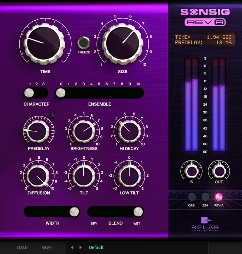 True-stereo algorithmic reverb with multiple character modes and in-reverb ensemble modulation.