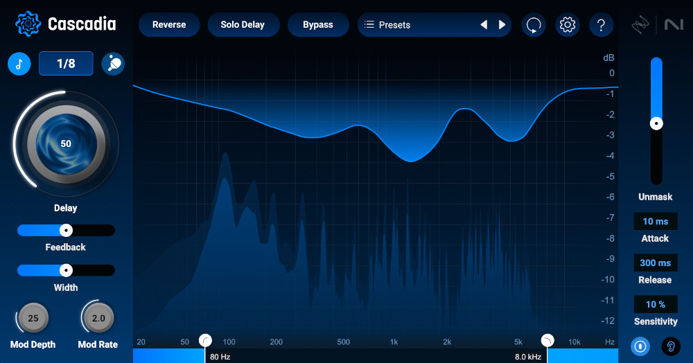 Intelligent tape delay with adaptive unmasking, beat‑synced and creative delay modes for clear, focused mixes.