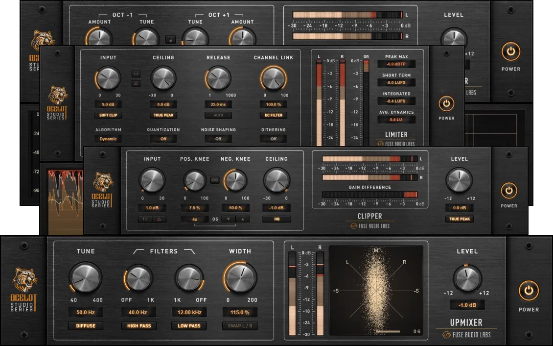 Four low-latency processors for octave effects, stereo upmixing, precise clipping, and true-peak limiting.