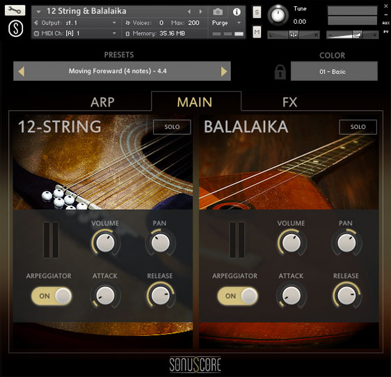 Dual plucked instruments with a two-part arpeggio designer for textured, rhythmic and ethnic-inflected parts.