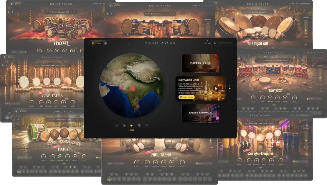 Comprehensive Indian percussion and world‑music sampler collection with playable kits, effects, and realtime performance controls.