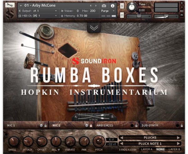 Detailed samples of two handcrafted bass kalimbas with percussion, multi-mic captures and custom FX presets.
