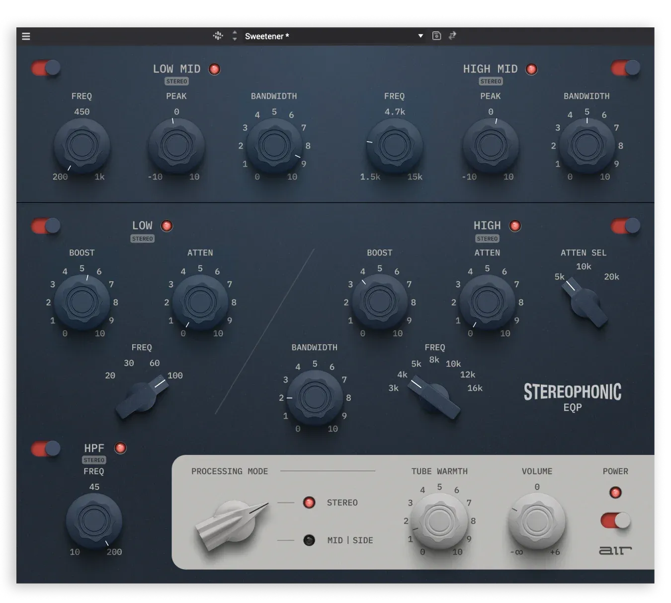 Pultec-style musical EQ with stereo and mid/side shaping, tube warmth, and stereo width controls for tracks and mixes.