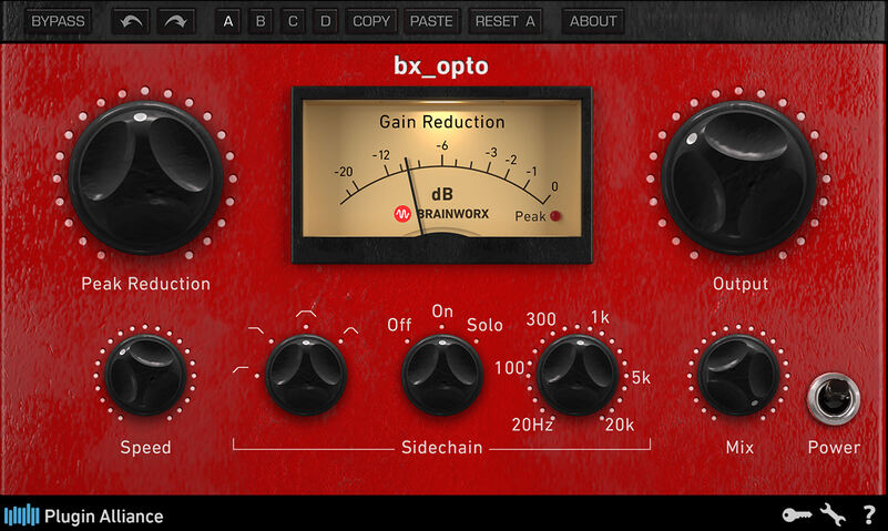 Optical-style compressor with adjustable LDR speed for program-dependent compression and parallel mix control.