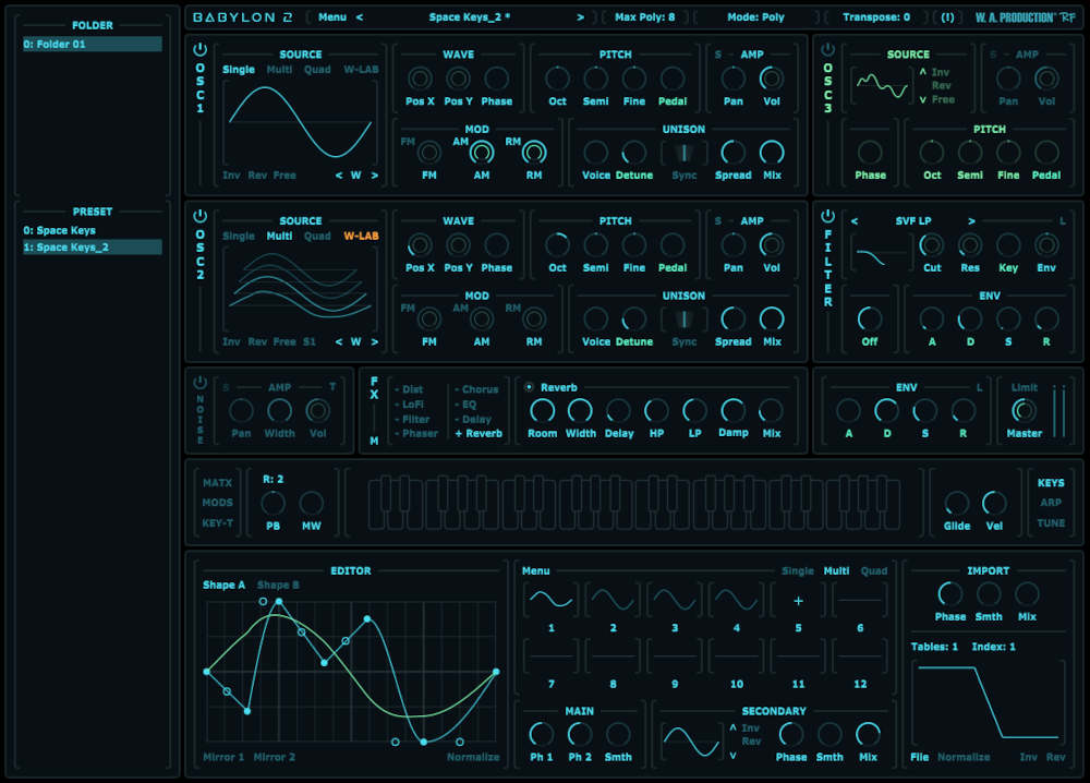 One-page wavetable synth with multi-voice morphing, a wavetable editor, microtonal tuning and an intelligent arpeggiator.