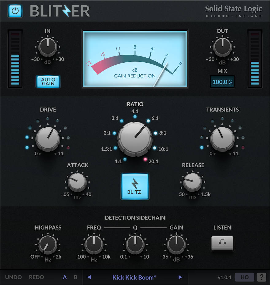 Character compressor with vintage tone options, transient shaping, DRIVE coloration, and parallel compression control.