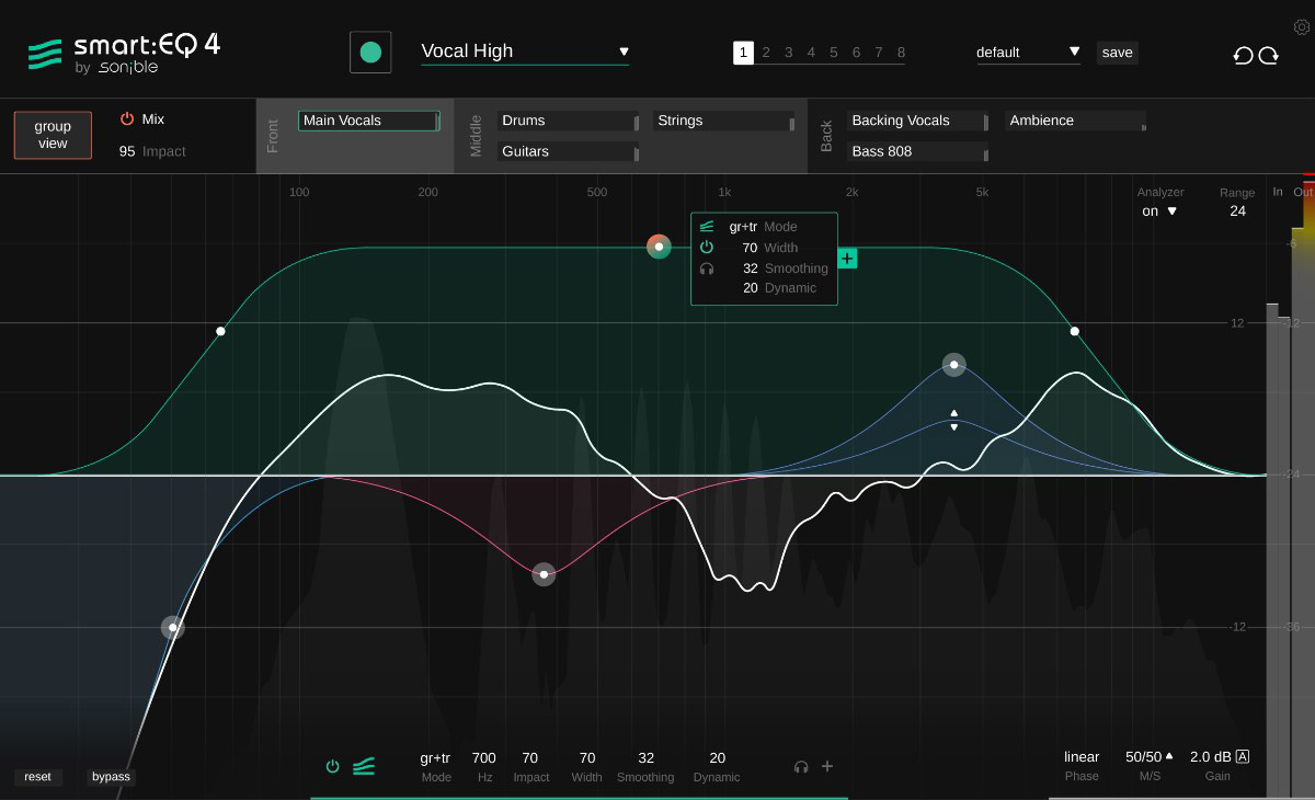 AI-driven spectral equalizer for balancing, unmasking, and matching tonal character across multitrack mixes.