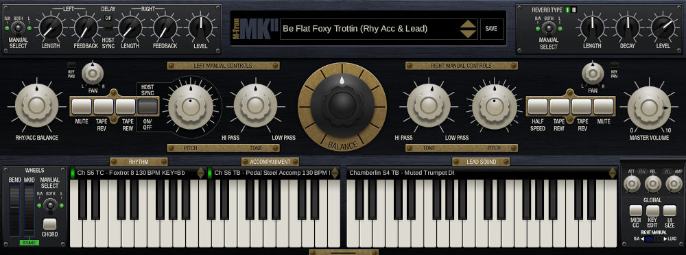Authentic Mellotron MkI/MkII and Chamberlin rhythms, accompaniments and lead tapes with tempo-sync and dual-rhythm layering.