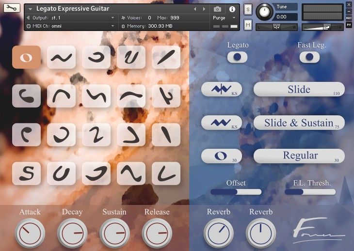 Expressive electric guitar Kontakt instrument with legato transitions, layered dynamics and atmospheric pad patches.