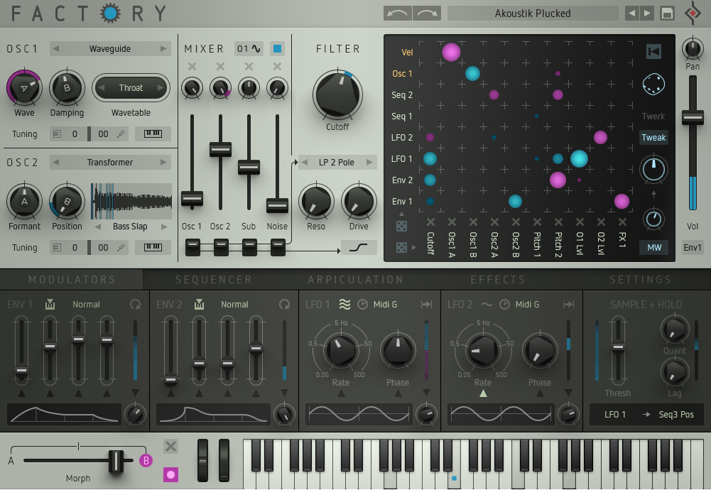 Polyphonic modular-style synth with diverse oscillator engines, modulation matrix, four sequencers, and morphing/arpeggiation tools.