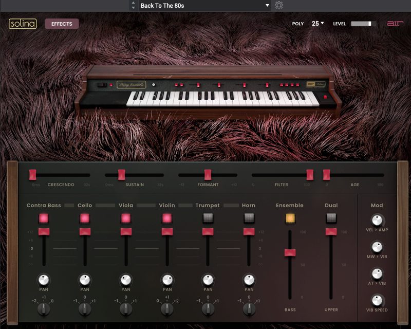 A sampled and modelled recreation of the classic 6‑part string keyboard with built‑in AIR effects and flavouring.