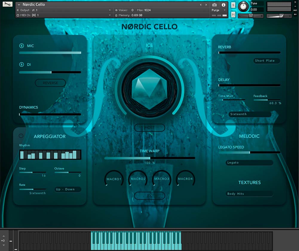 Deeply sampled solo cello with extensive articulations, Time Warp, arpeggiator, convolution reverbs and sample import inside Kontakt.