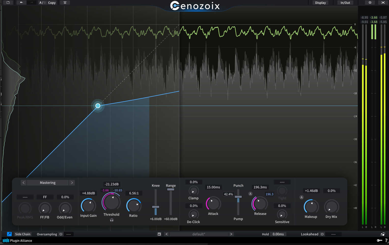 Twelve compressor algorithms with ADAA anti-aliasing and adaptive detection for distortion-free peak and bus control.