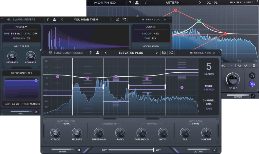 Three plugins for evolving EQ, flexible multi-band dynamics, and dual-stage reverb with tempo-sync and ducking.