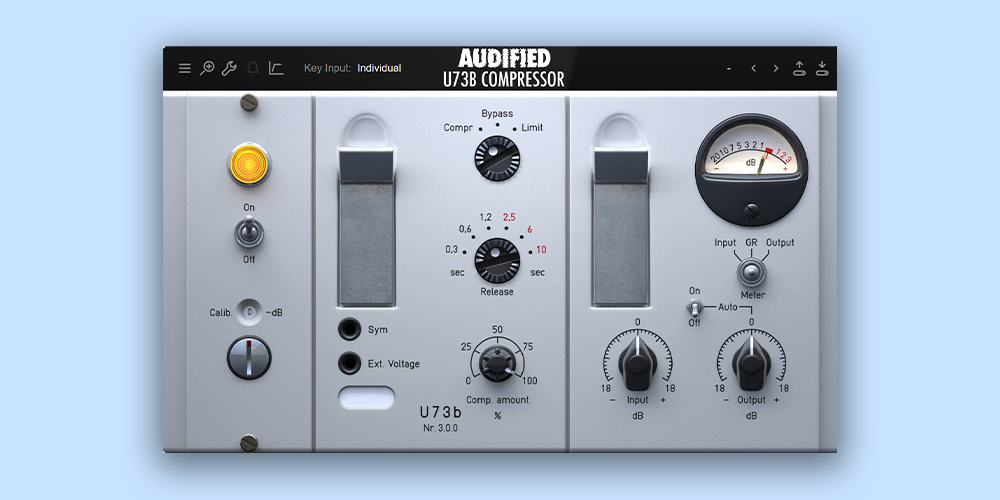 Faithful U73b broadcast compressor emulation with tube character, compressor/limiter modes and vintage/modern HPF.