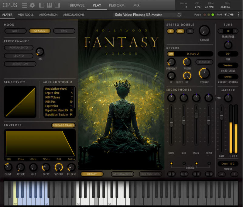 Cinematic fantasy vocal library with solo singer, choirs, Elvish words, sustains, legato and phrase patches.
