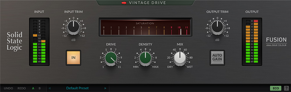 Digital emulation of SSL’s Vintage Drive for analogue-style saturation, soft compression and parallel blend control.